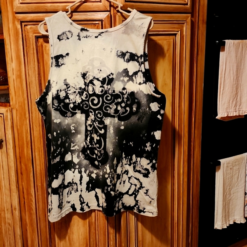 New Upcycled L Embellished Black/Khaki Cotton Dikotomy Prayers of Peace Tank Top